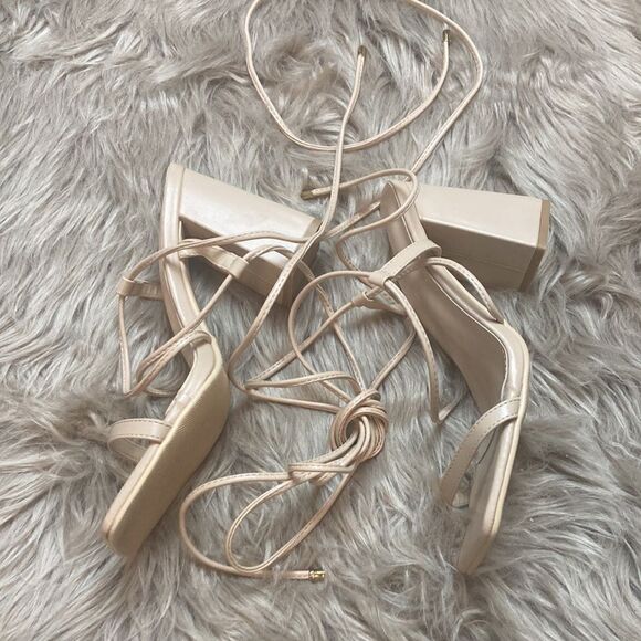 Lhamo Latso Lace Up Strappy Nude Block High Heels Square Open Toe Chunky Sandal - Picture 5 of 13